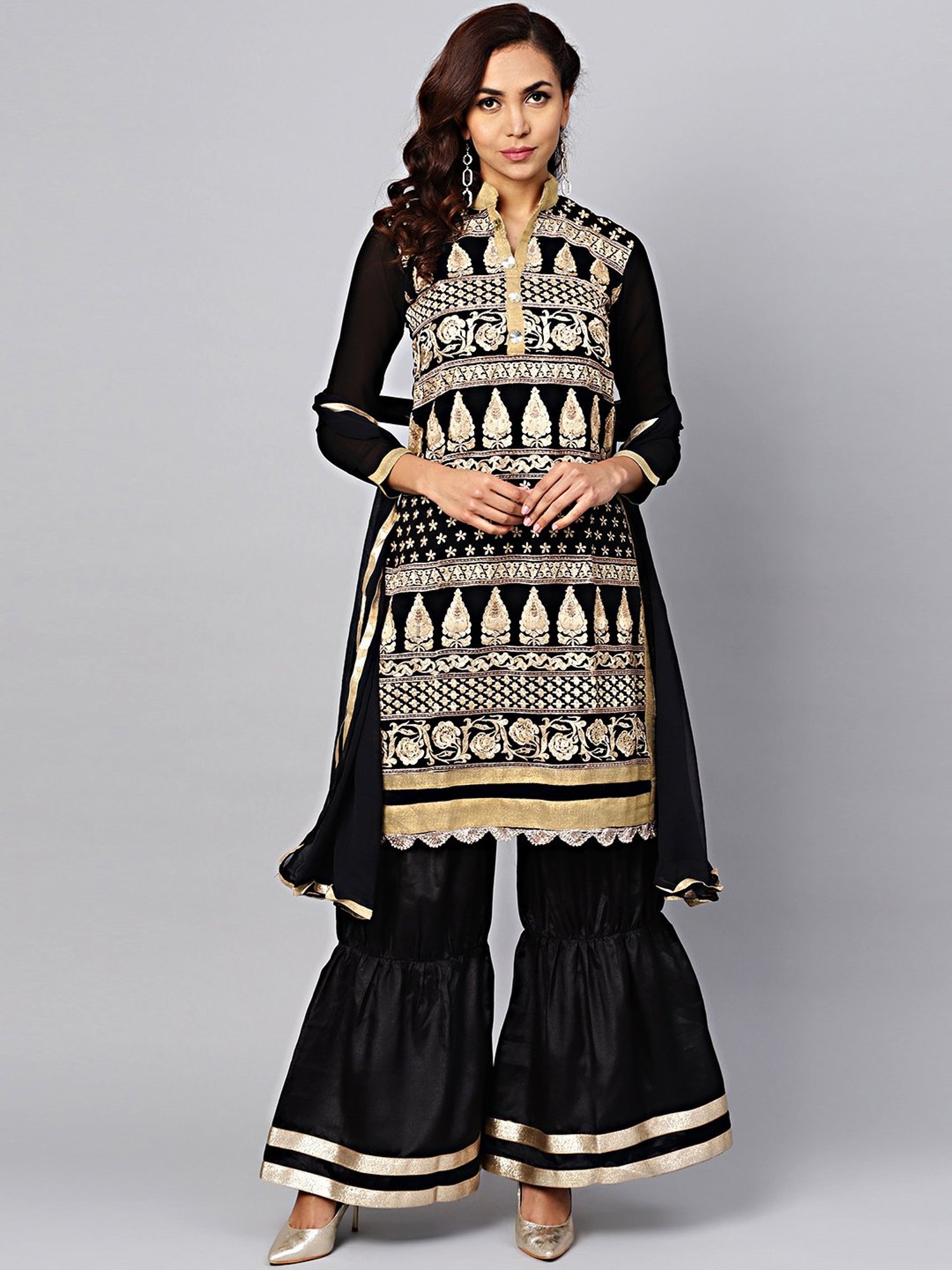 Chhabra 555 Beige & Black Embroidered Kurti Sharara Set With Dupatta