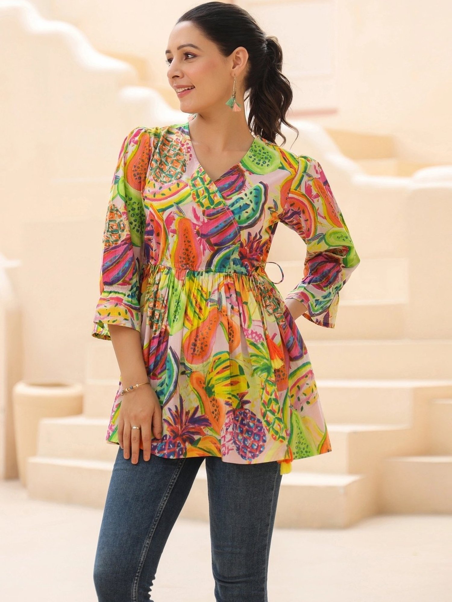 Rain and Rainbow Multicolored Cotton Printed Top