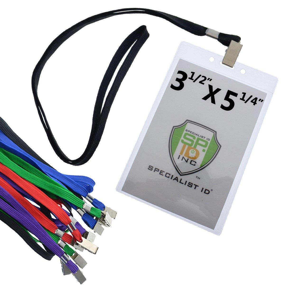 10 Pack - Clear Vertical Large Credential ID Badge Holders (3 1/2 x 5 1/4) with Premium Quality Lanyards by Specialist ID (4x6 Outside) (Assorted Colors)