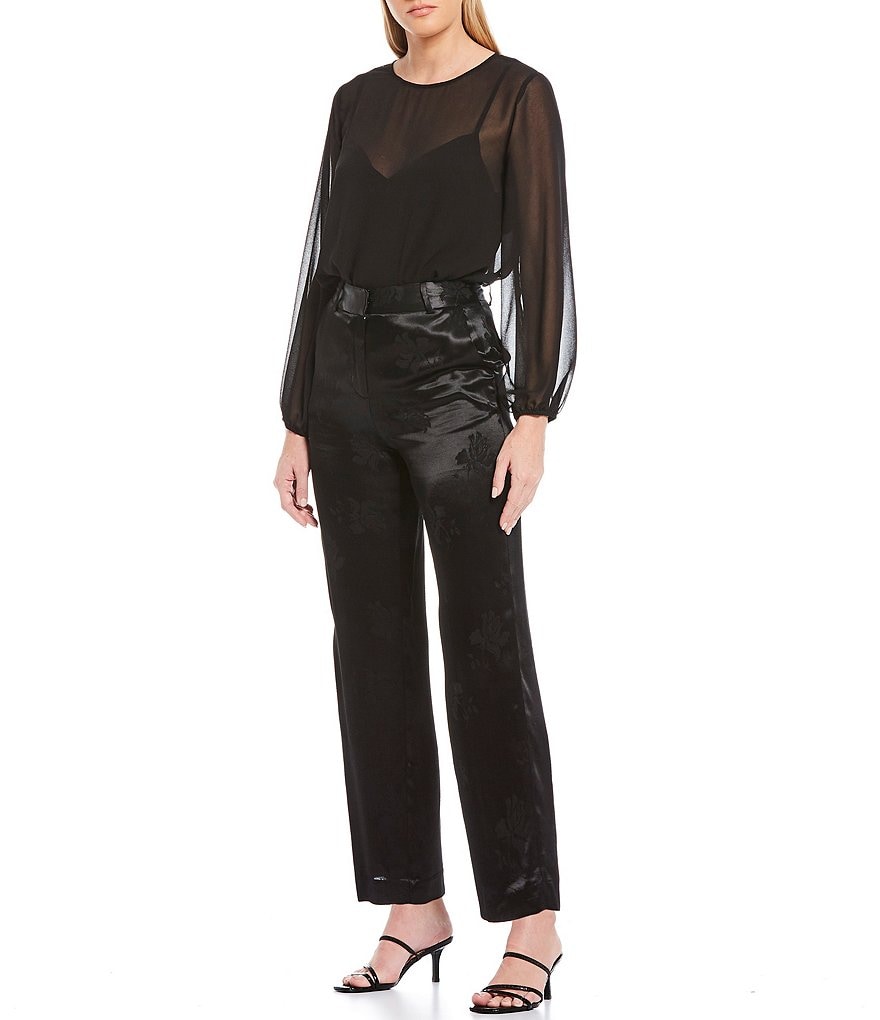 1. STATE Long Sleeve Crew Neck Sheer Mixed Media Bodysuit