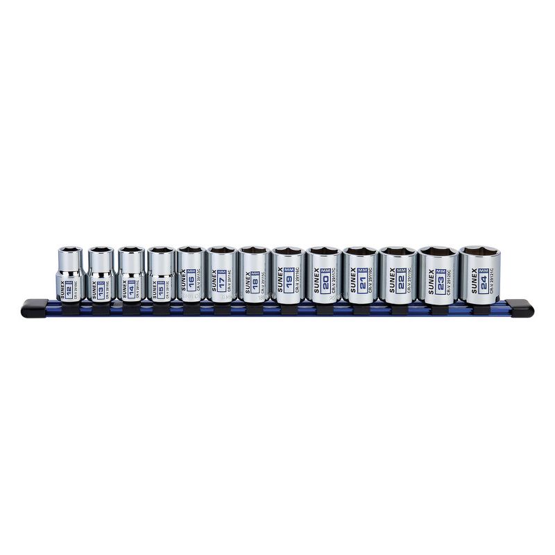 Sunex 29102C 13 Pc 1/2 in. Drive Standard Socket Set - MM 6 Pt Rail