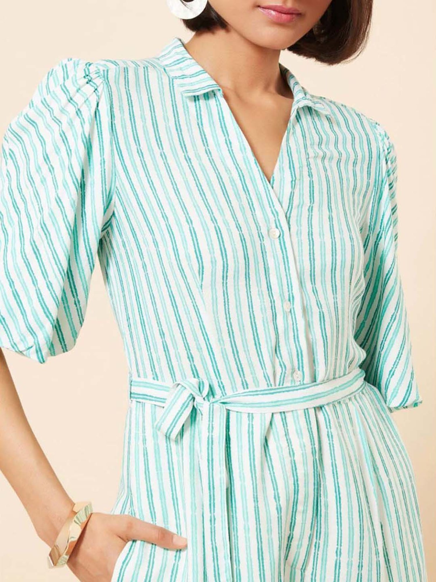 Marigold Lane White & Blue Striped Jumpsuit
