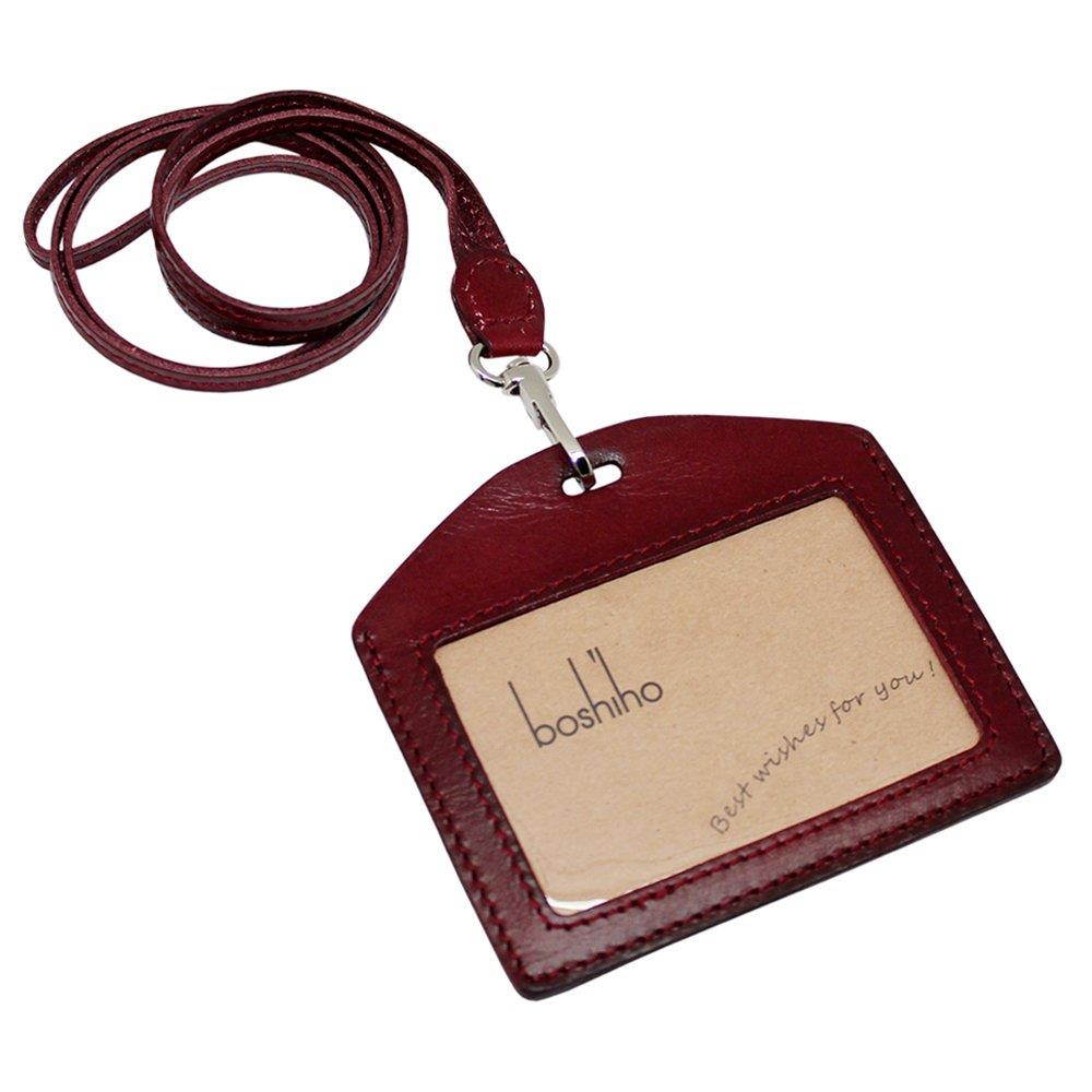 Boshiho Genuine Leather ID Card Badge Holder with Heavy Duty Lanyard Horizontal Style (Brown)