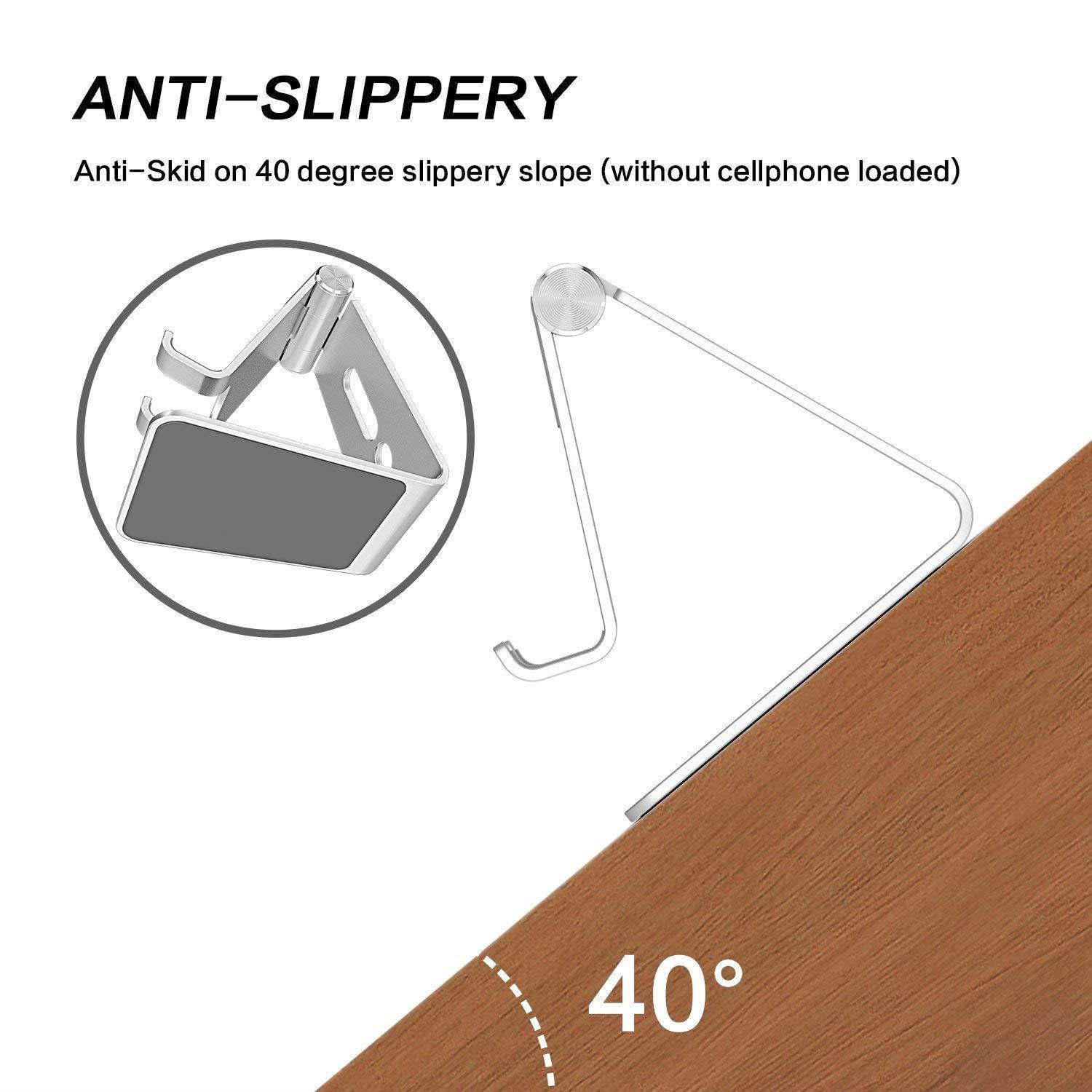 Adjustable Cell Phone Stand, OMOTON Aluminum Desktop Cellphone Stand with Anti-Slip Base and Convenient Charging Port, Fits All Smart Phones, Silver