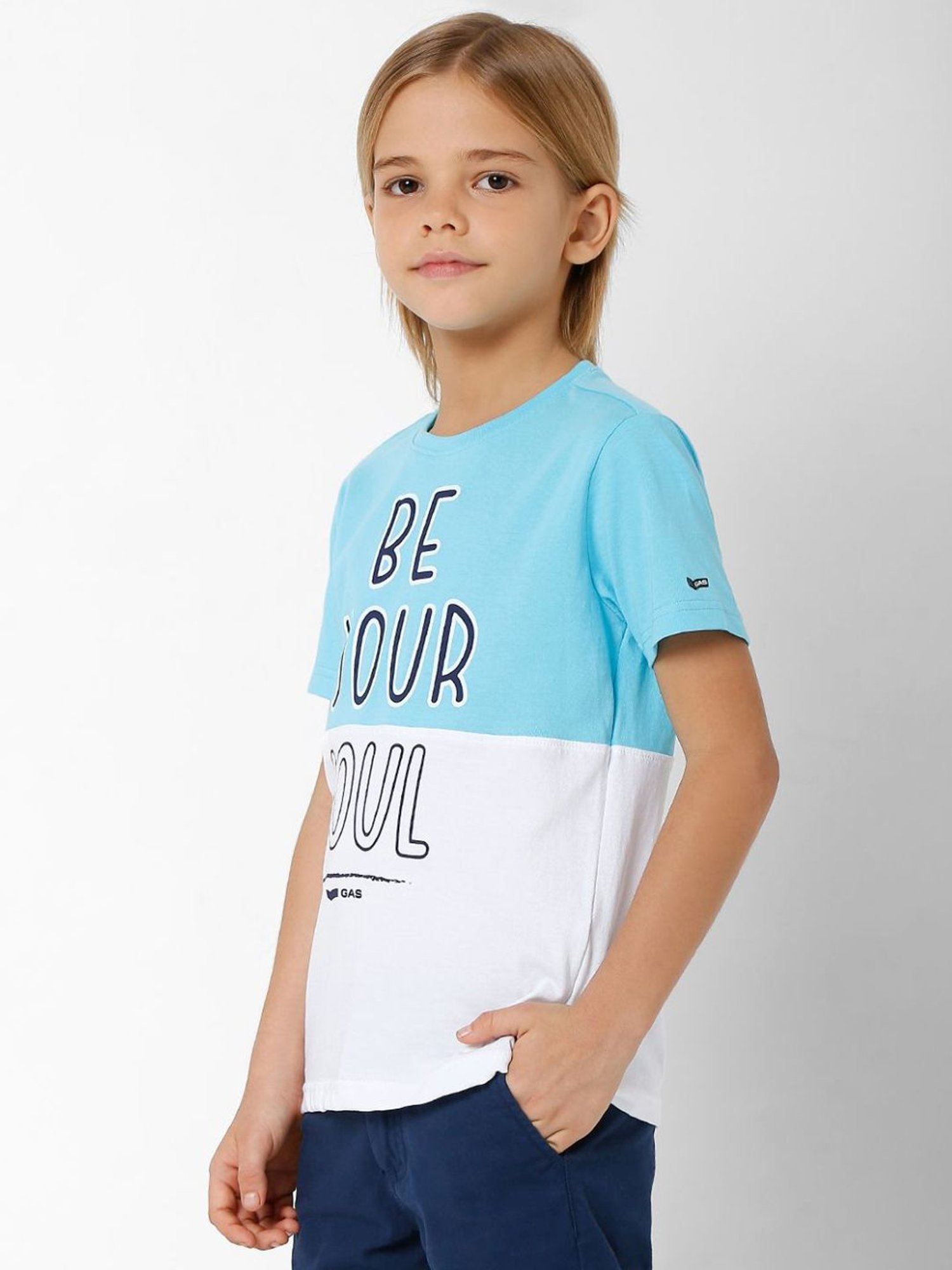 Gas Kids Blue & White Cotton Color Block T-Shirt