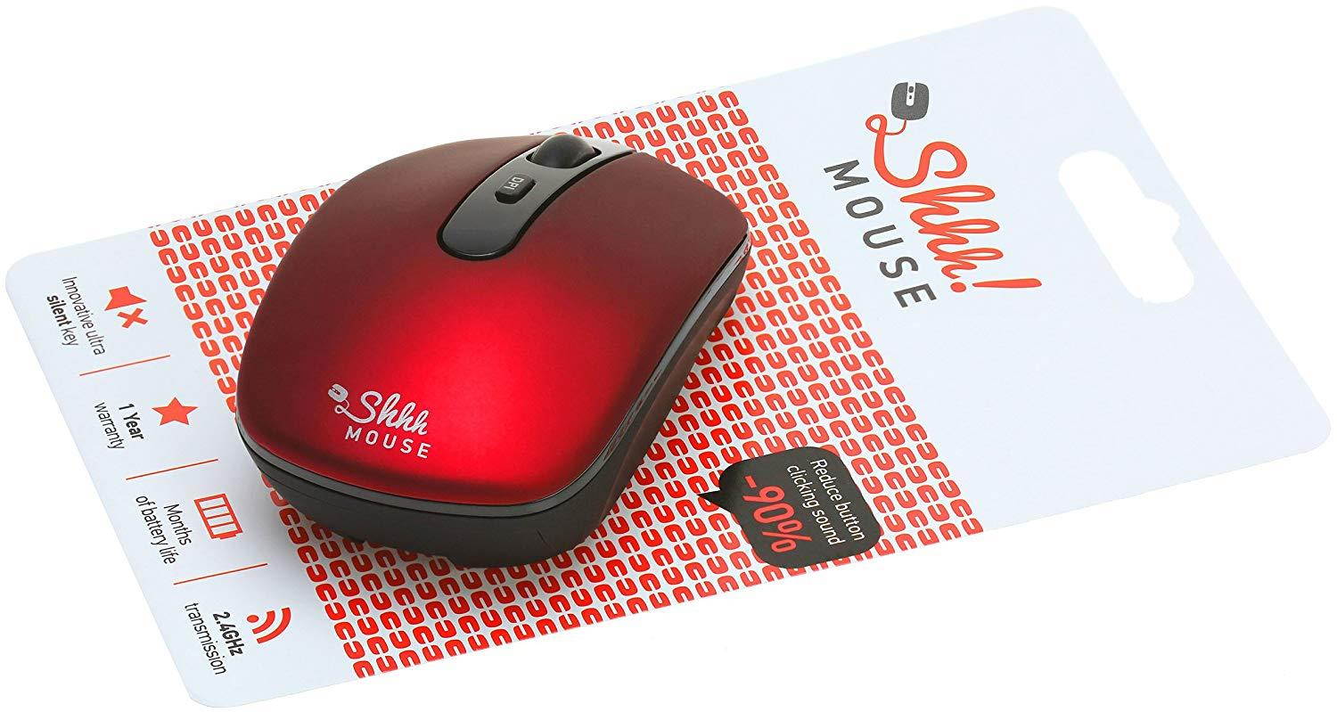 ShhhMouse Wireless Silent Noiseless Clickless Mobile Optical Mouse with USB Receiver & Battery, Portable & Compact, 3 Adjustable DPI Levels For Notebook, PC, Computer, Laptop, MacBook - Red
