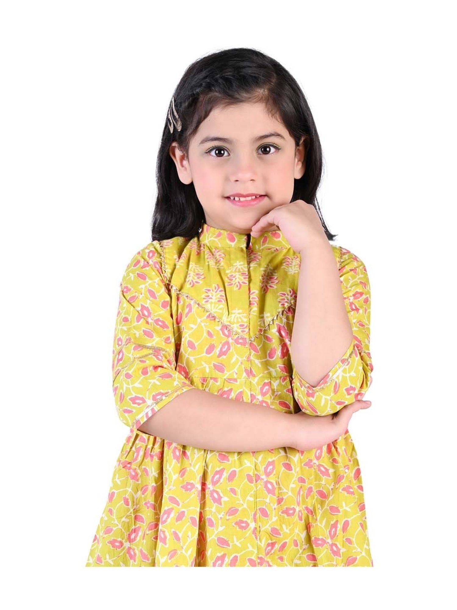 Ahhaaaa Kids Mustard Cotton Floral Print Kurti Set