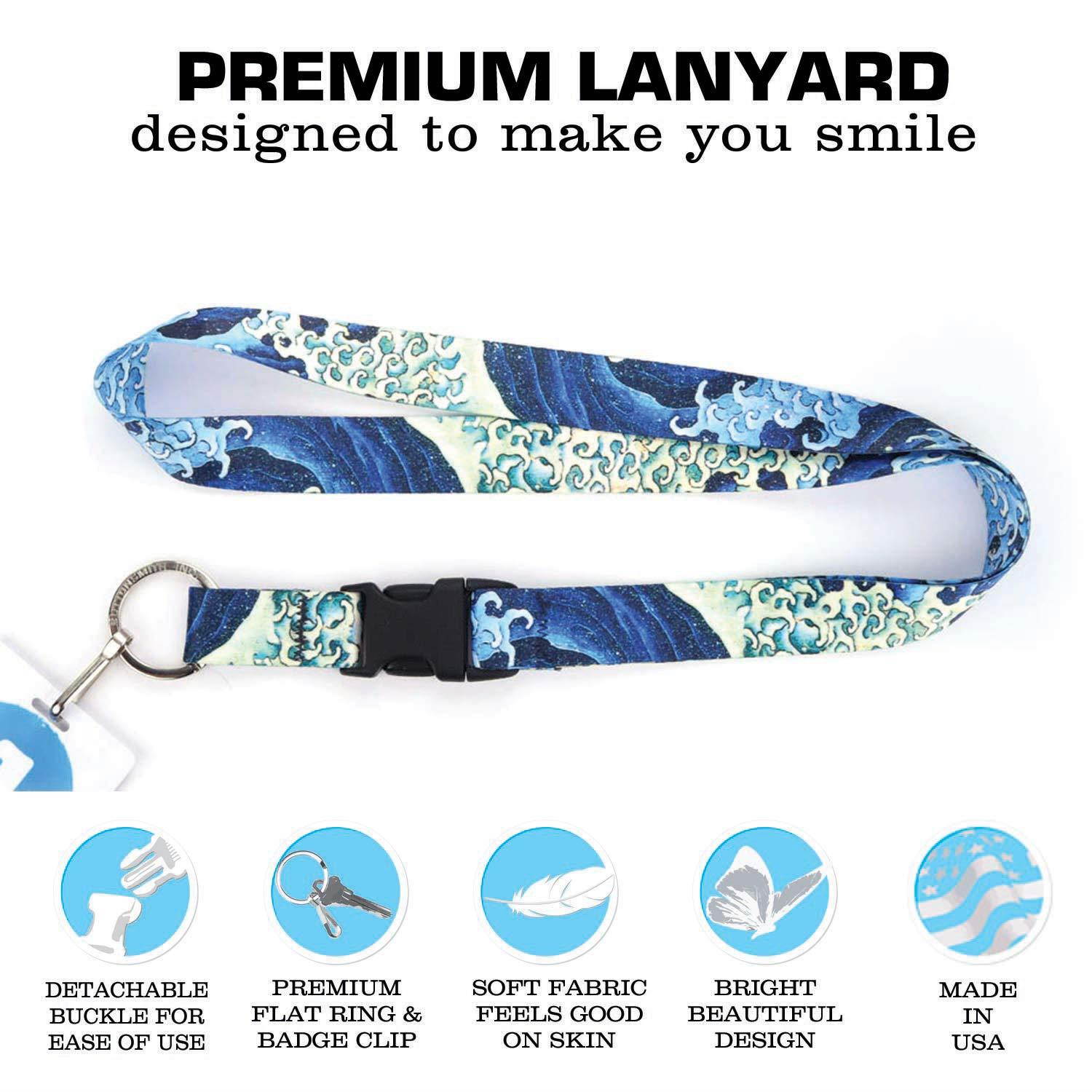 Buttonsmith Hokusai Waves Premium Lanyard with Buckle and Flat Ring - Made in The USA