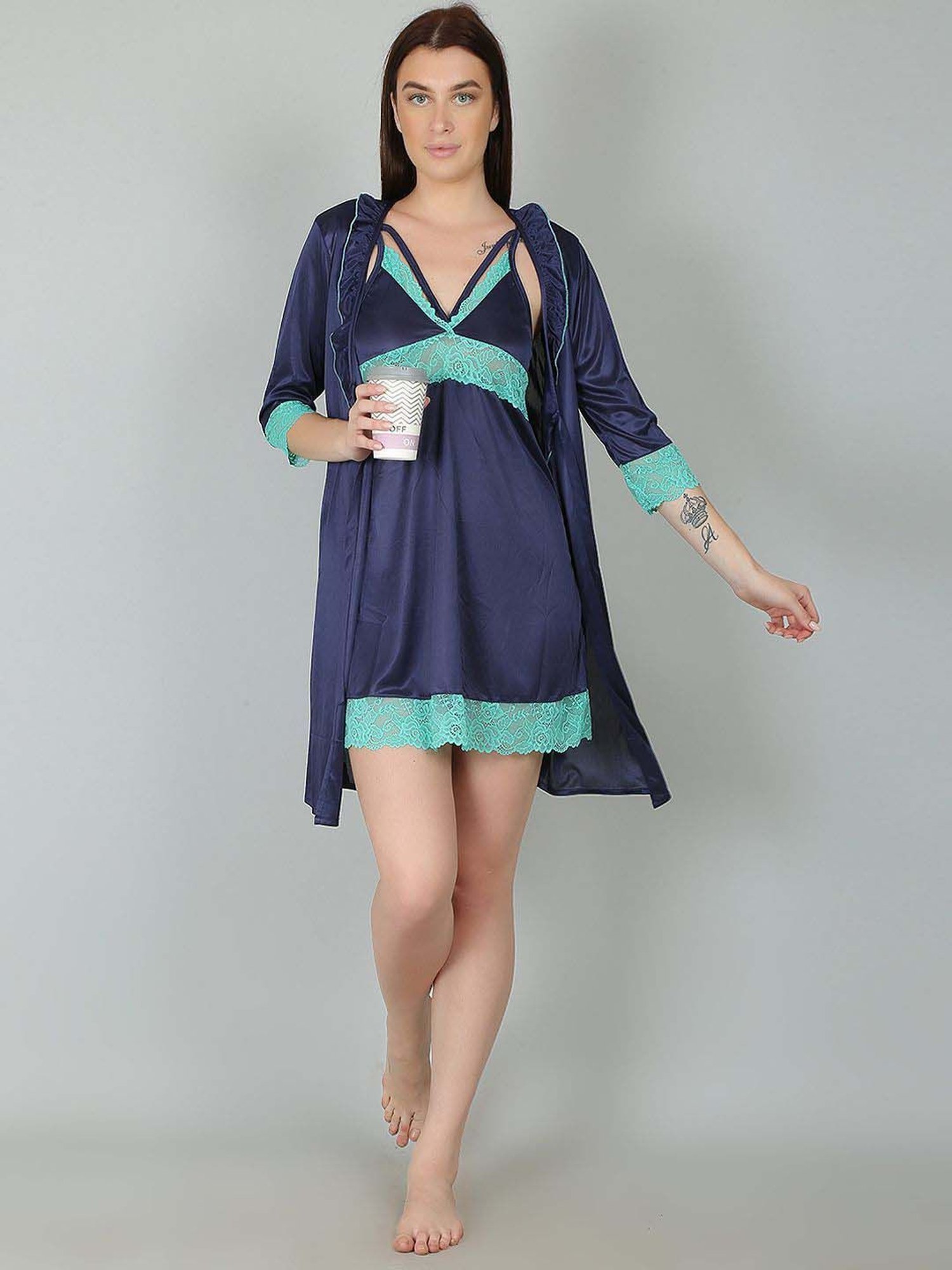 N-Gal Blue Lace Work Short Nighty With Robe