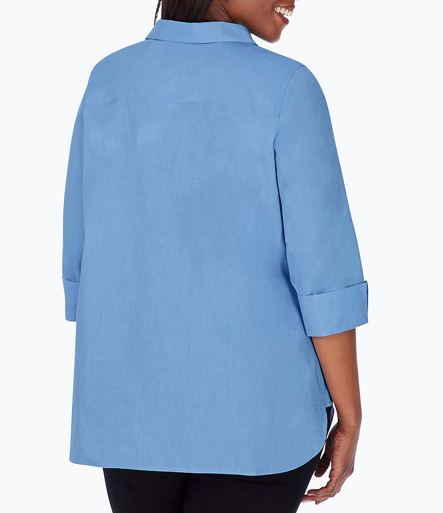 Foxcroft Plus Size Pandora 3/4 Sleeve Spread Point Collar Neck Button Front Shaped Tunic