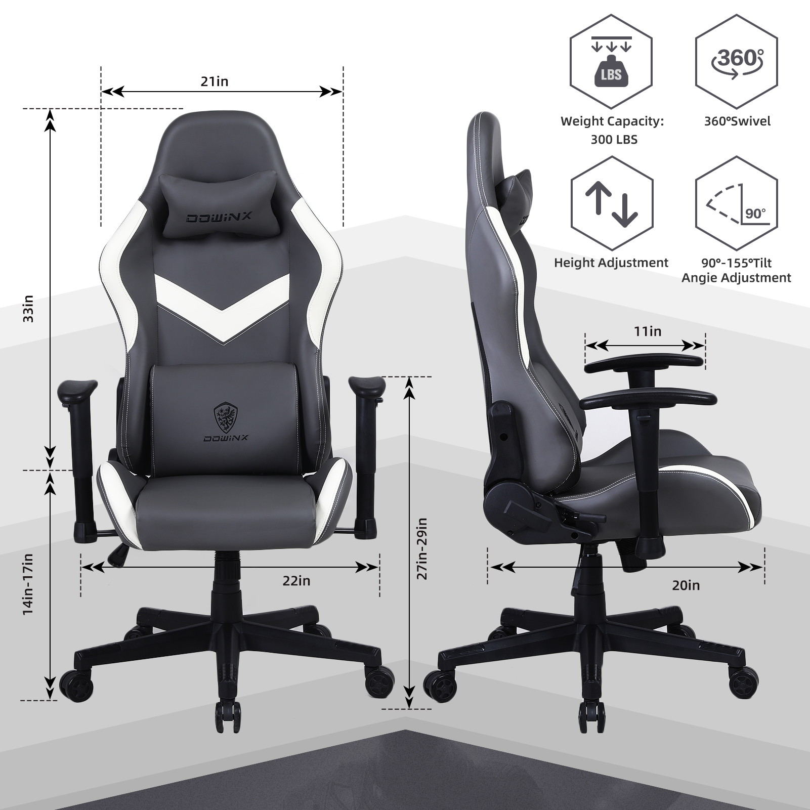 Dowinx Gaming Chair High Back Retro Style with Headrest and Massage Lumbar Support Office Chair with PU Leather Adjustable Swivel Ergonomic Computer Chair (Grey)