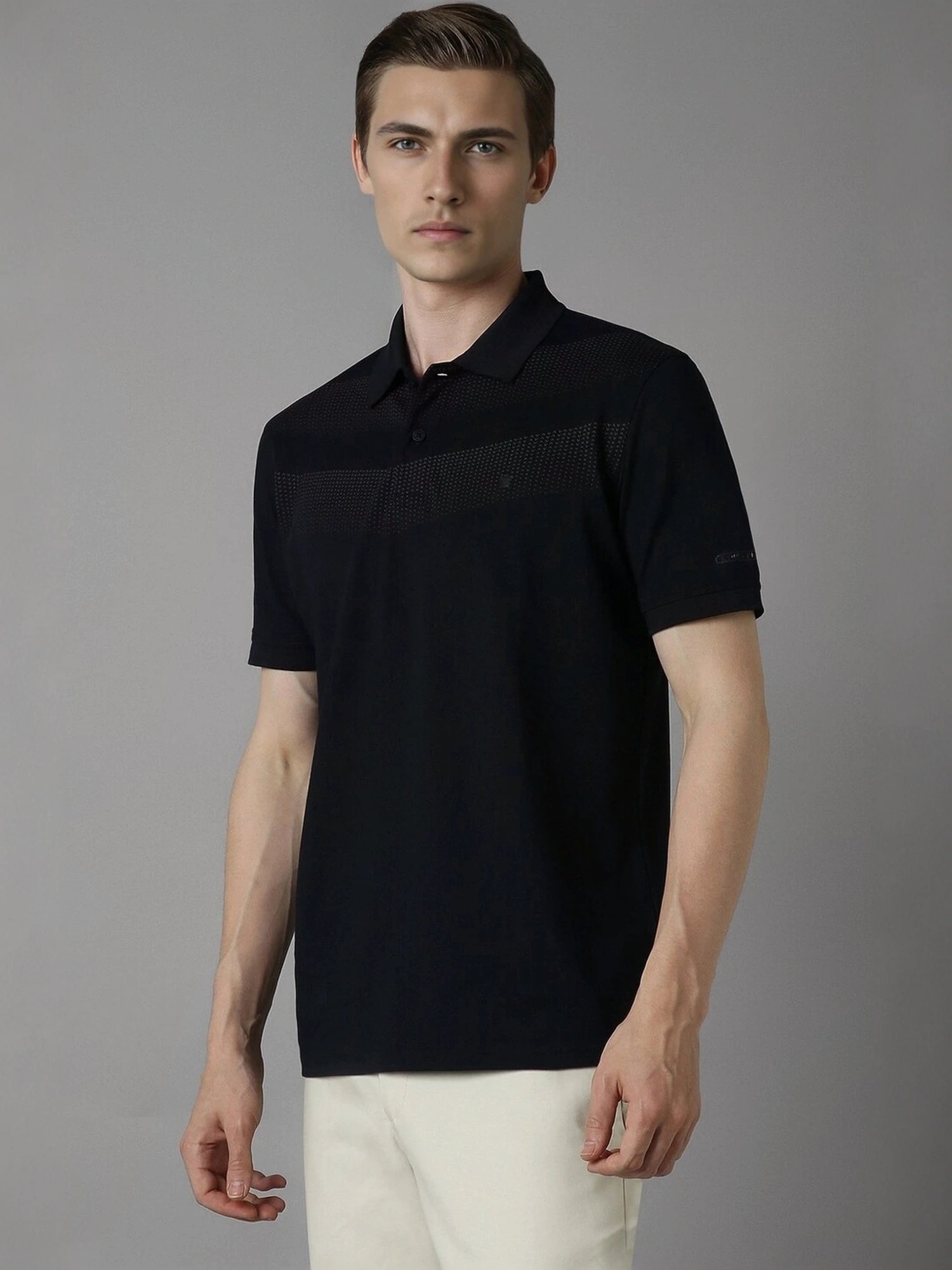Louis Philippe Black Cotton Regular Fit Self Pattern Polo T-Shirt