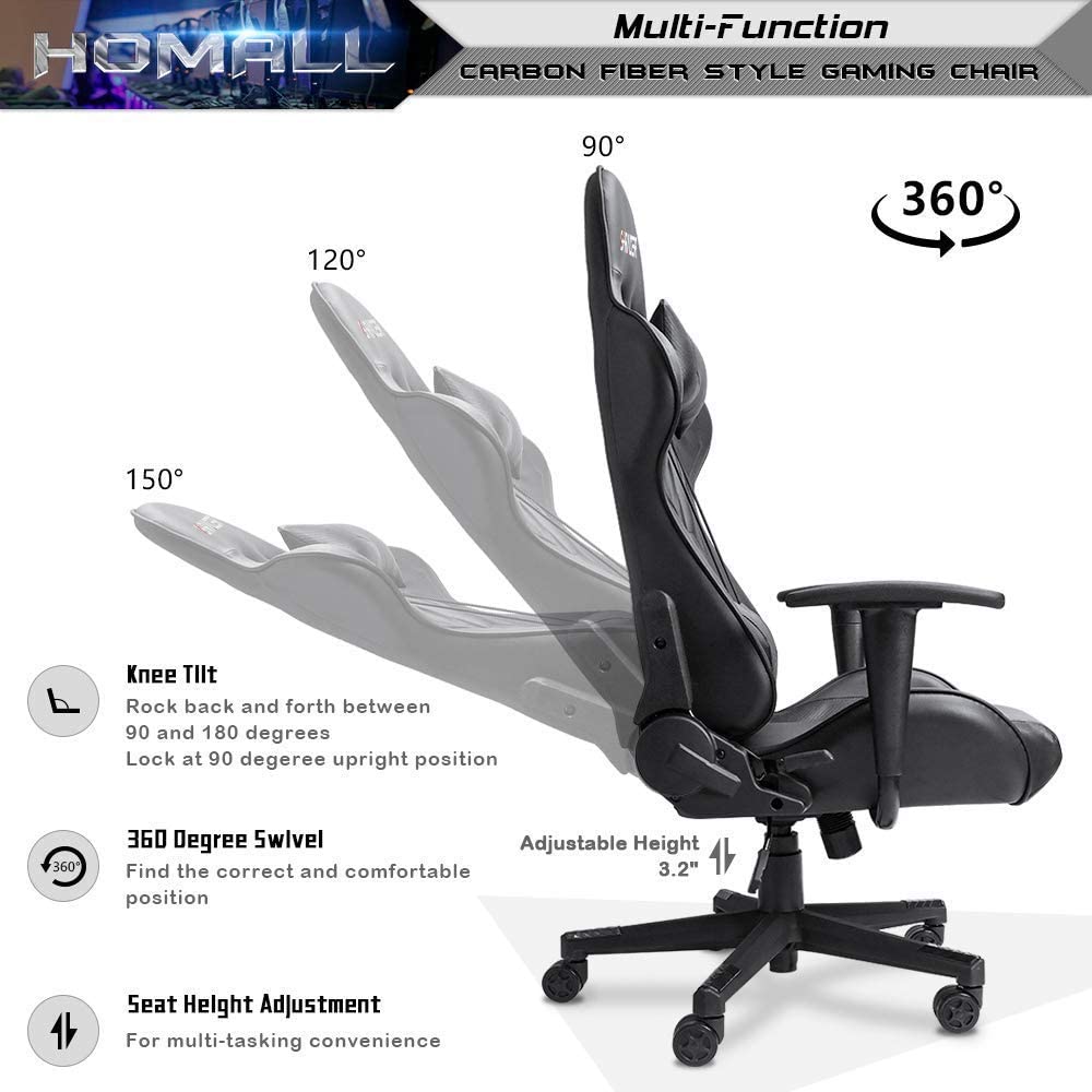 Homall Gaming Chair Office Chair High Back Computer Chair PU Leather Desk Chair Racing Executive Ergonomic Swivel Task Chair, Seat Height Adjustable, with Headrest and Lumbar Support (Blue)