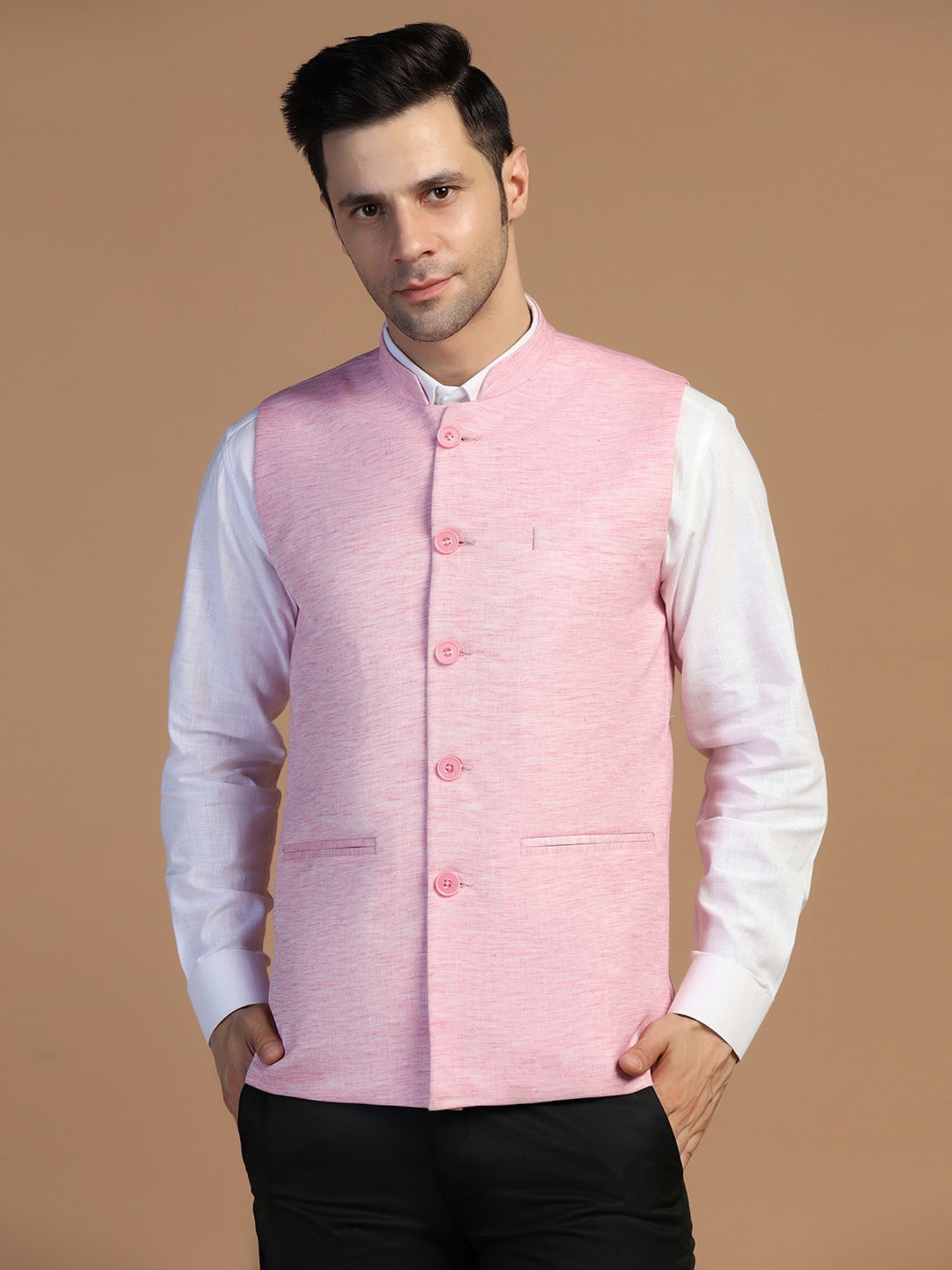 TAHVO Pink Melange Regular Fit Nehru Jacket