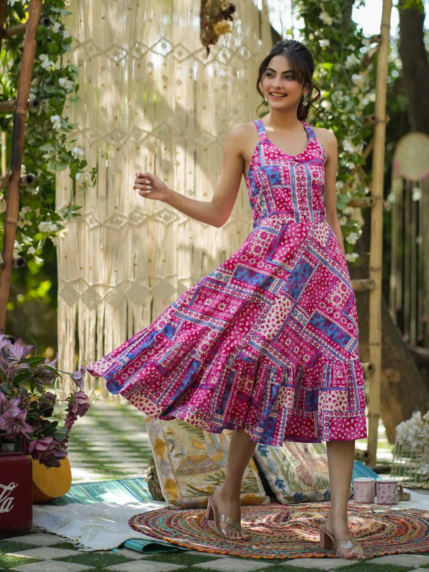 Rain and Rainbow Pink Cotton Printed A-Line Dress