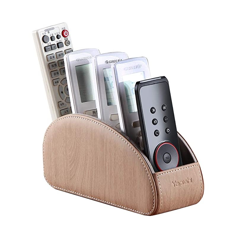 Leather TV Remote Control Holder With 5 Compartments Nightstand Desktop DVD Media Player Remote Caddy Storage Box Organizer Tray For Makeup Brush Pen Stationary Table Controllers
