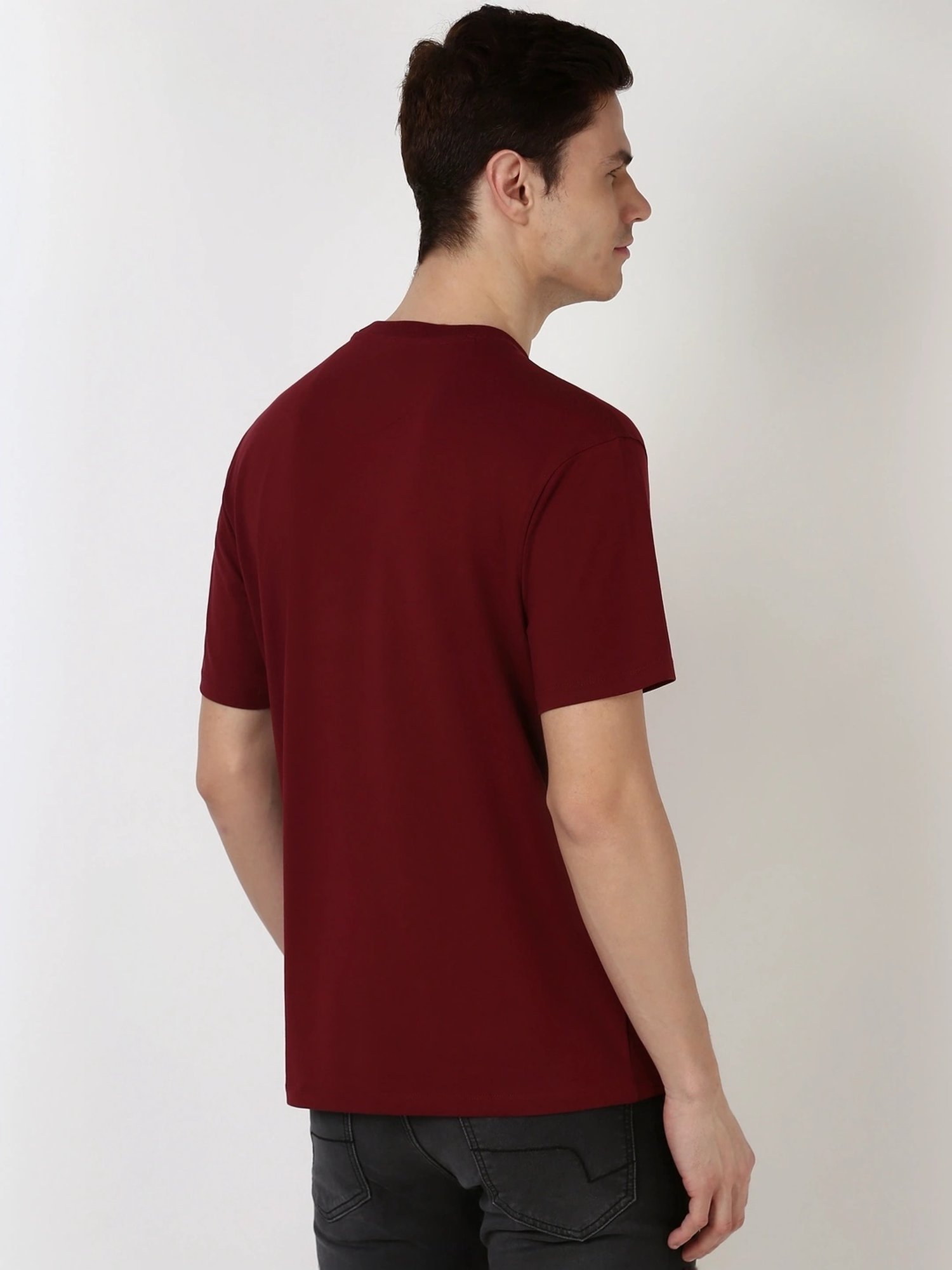 Peter England Casuals Maroon Cotton Regular Fit Embroidered T-Shirt