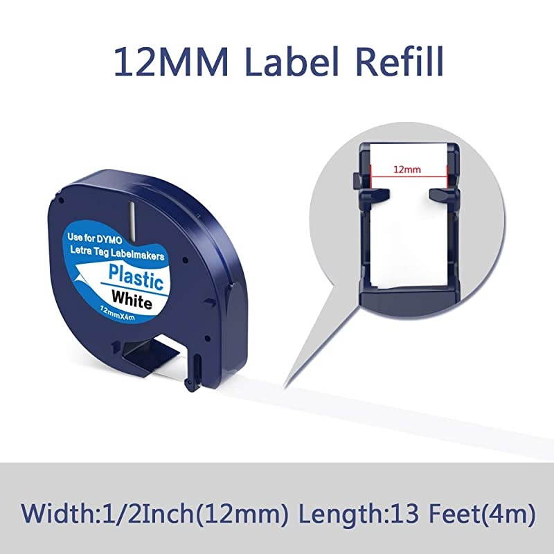 DYMO LetraTag Refills 91331 White Plastic Label Tape 12mm x 4m (1/2" x 13') Compatible with Dymo Letra Tag Label Maker LT100H LT100T QX50, 5-Pack