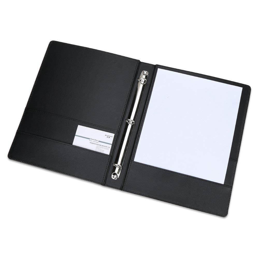 KINGFOM A4 Faux Leather Padfolio Ring Binder Business File Folder Document Holder with Card Holder (3 Ring Binder Black)
