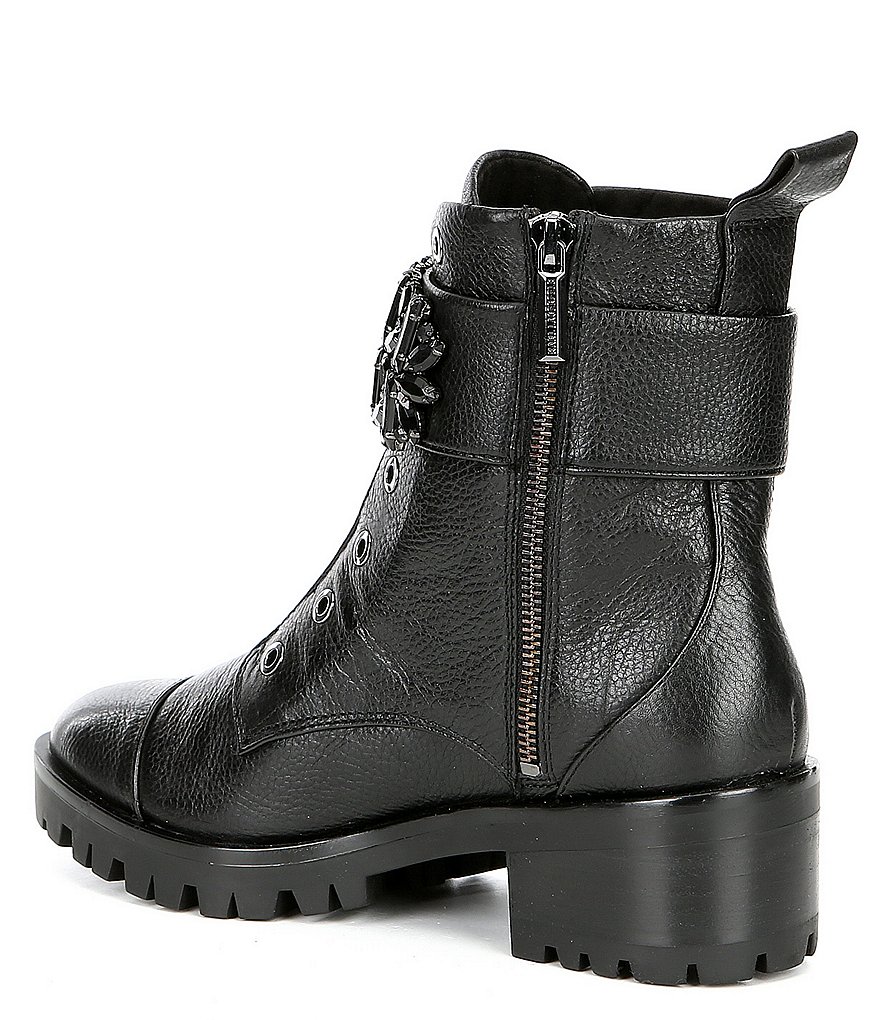 KARL LAGERFELD PARIS Pippa Jeweled Strap Leather Lug Sole Combat Booties