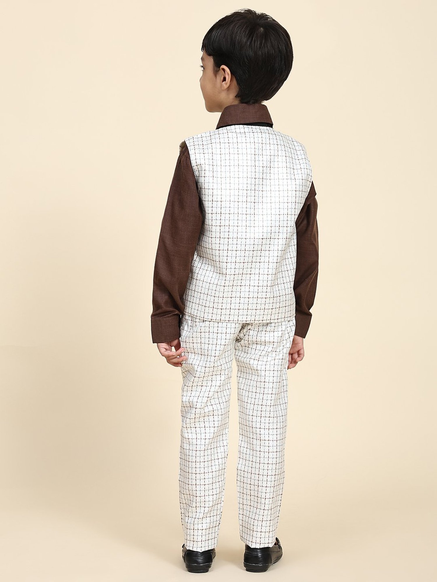 Pro-Ethic Style Developer Kids Brown & White Checks Full Sleeves Shirt, Waistcoat, Pants with Bow