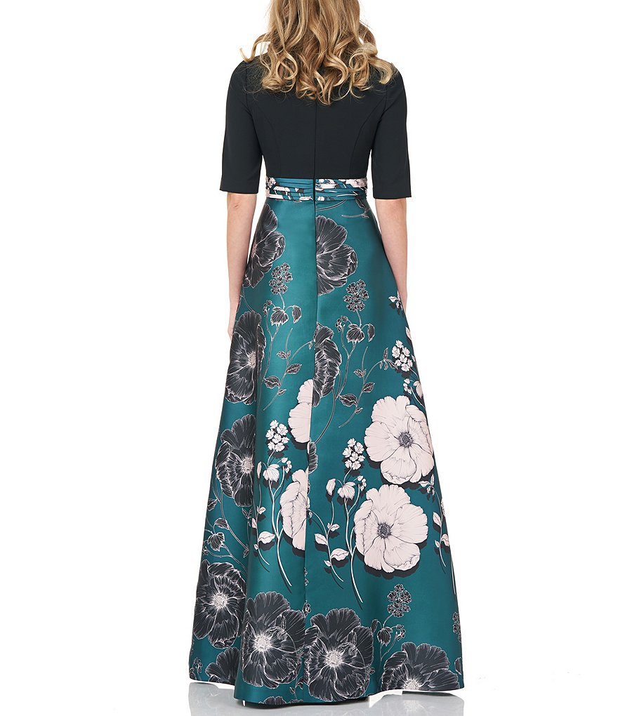 Kay Unger Crepe Bodice Floral Printed Mikado Ball Gown