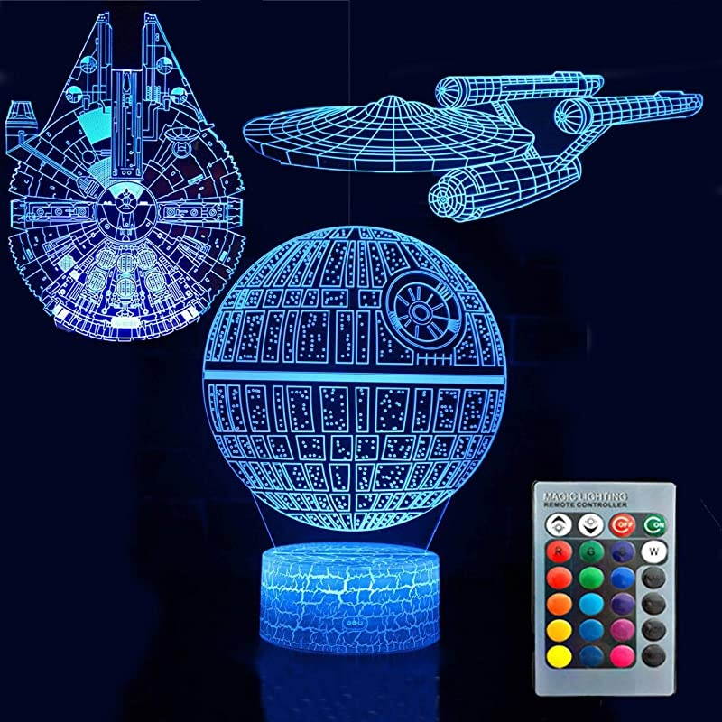 3D Illusion Star Wars Night Light Three Pattern Death StarMillennium FalconStarships Interstellar 7 Color Change Decor Lamp Desk Table Night Light Lamp for Kids Children Holiday Gift