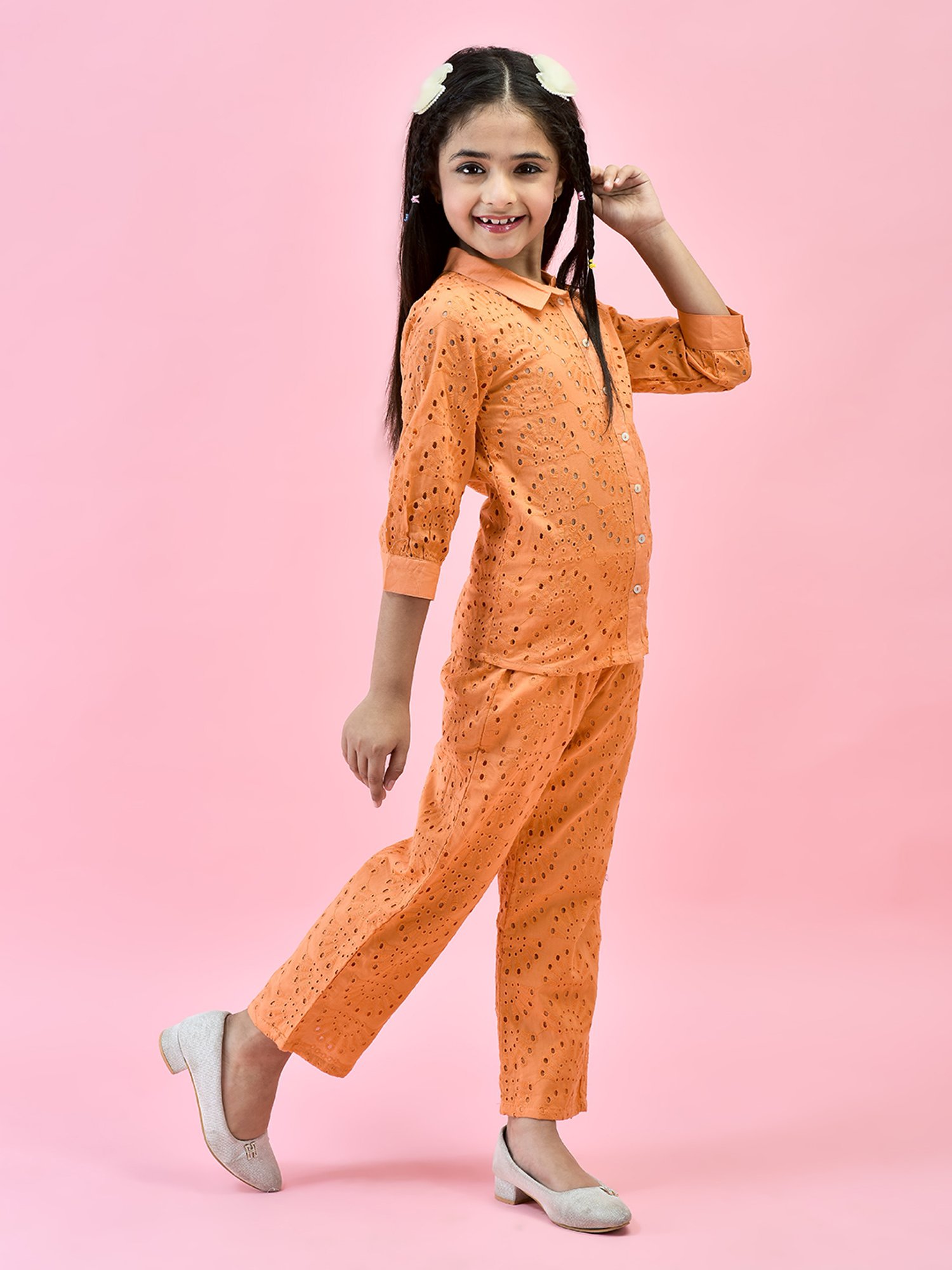 Juniper Girls Orange Self Design Shirt With Pants