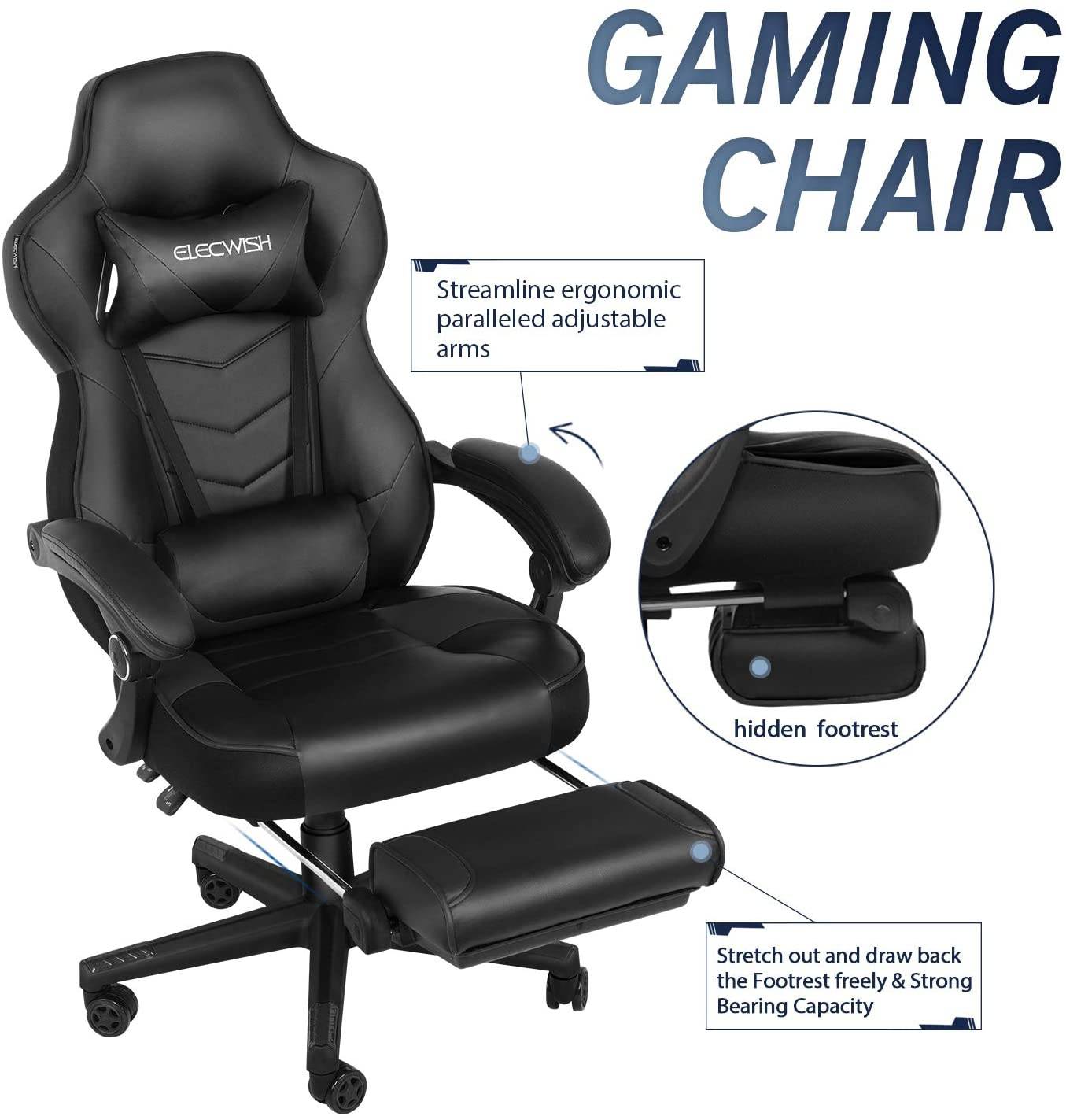 Ergonomic Computer Gaming Chair, PU Leather High Back Office Racing Chairs with Widen Thicken Seat and Retractable Footrest and Lumbar Support Video Game Chair 170 Degree Reclining