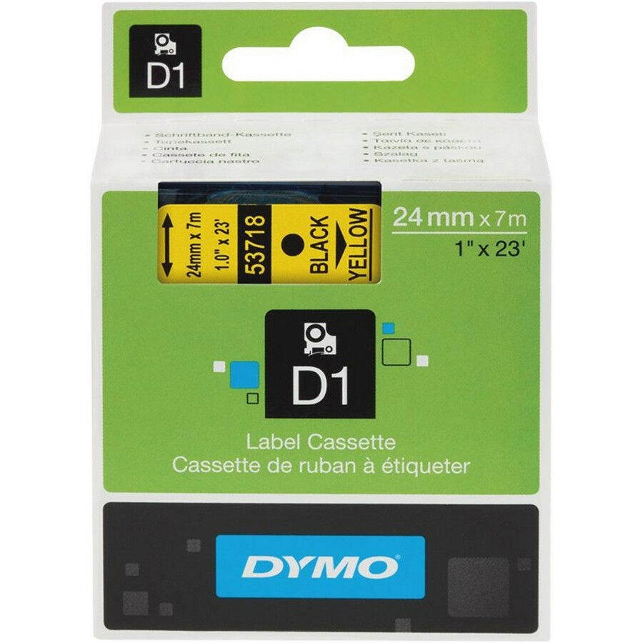 Dymo Label Cassette 1"x23" Black/Yellow 53718