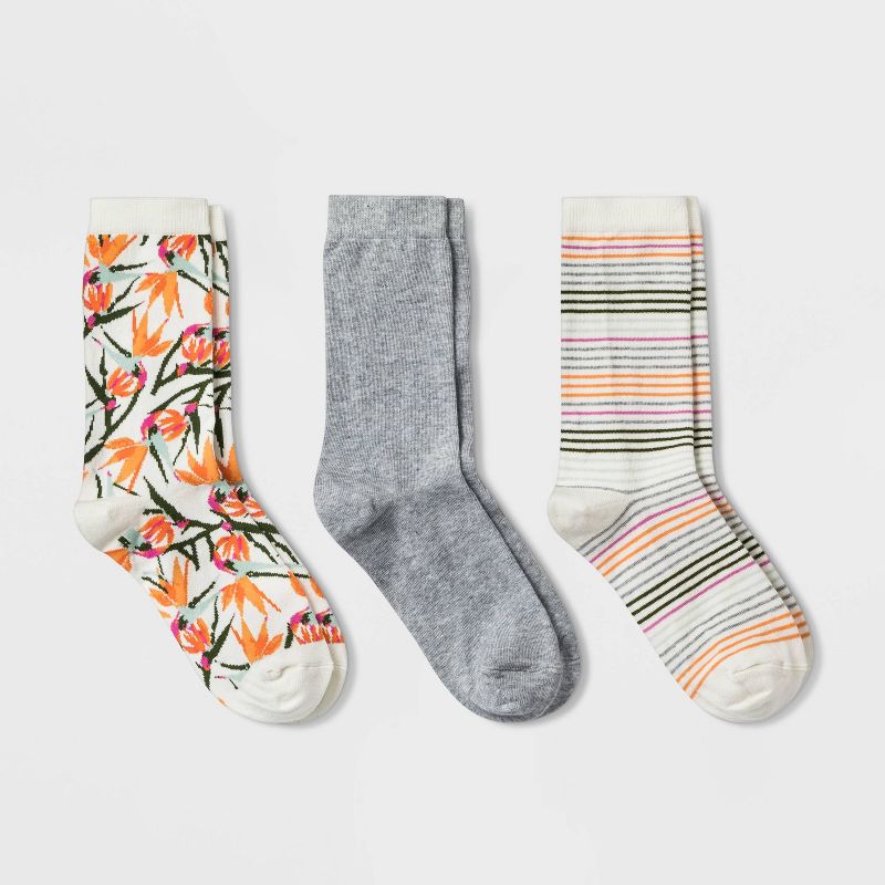 Women's Birds of Paradise 3pk Crew Socks - A New Day™ Cream/Heather Gray 4-10