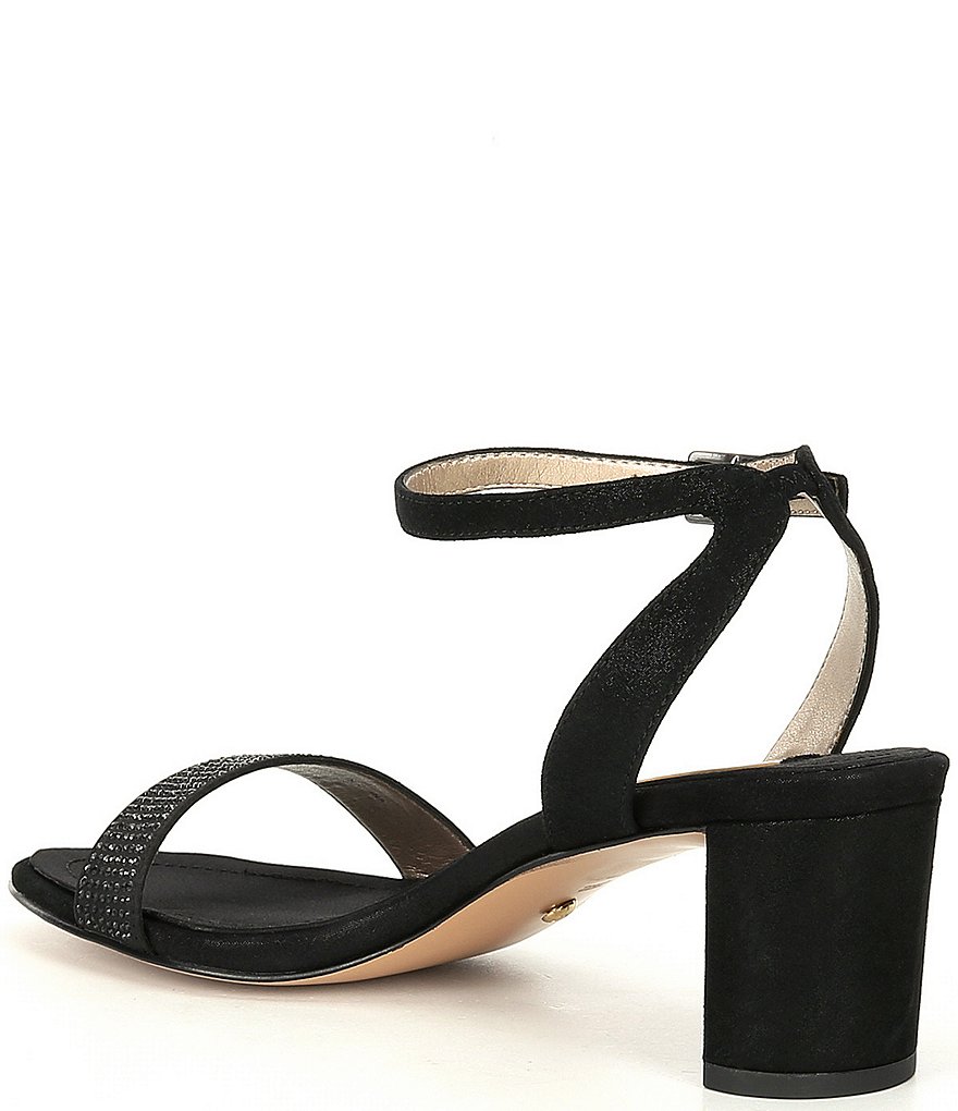 Pelle Moda Moira Metallic Suede Crystal Embellished Ankle Strap Dress Sandals