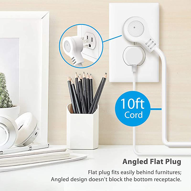 Power Strip with Long Cord  Wall Mountable 10ft Outlet Extender with 3 USB Ports 3 Widely Spaced Flat Plug Outlets Desktop Charging Station for Dorm Room Nightstand Office White