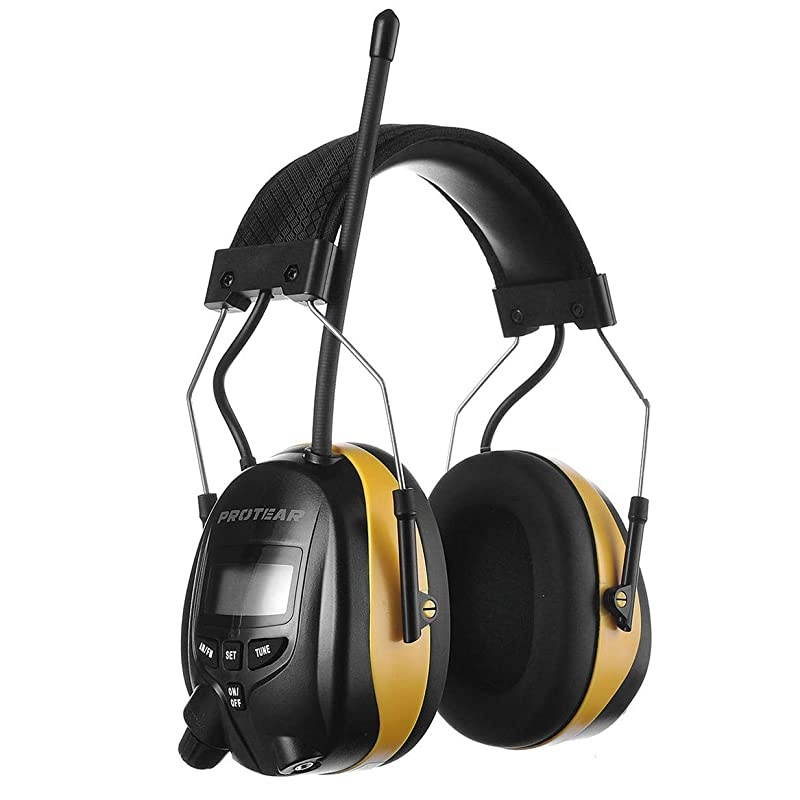 Digital AM FM Radio Headphones, 25dB NRR Ear Protection Safety Ear Muffs, Noise Reduction Hearing Protector for Lawn Mowing and Landscaping(Yellow)