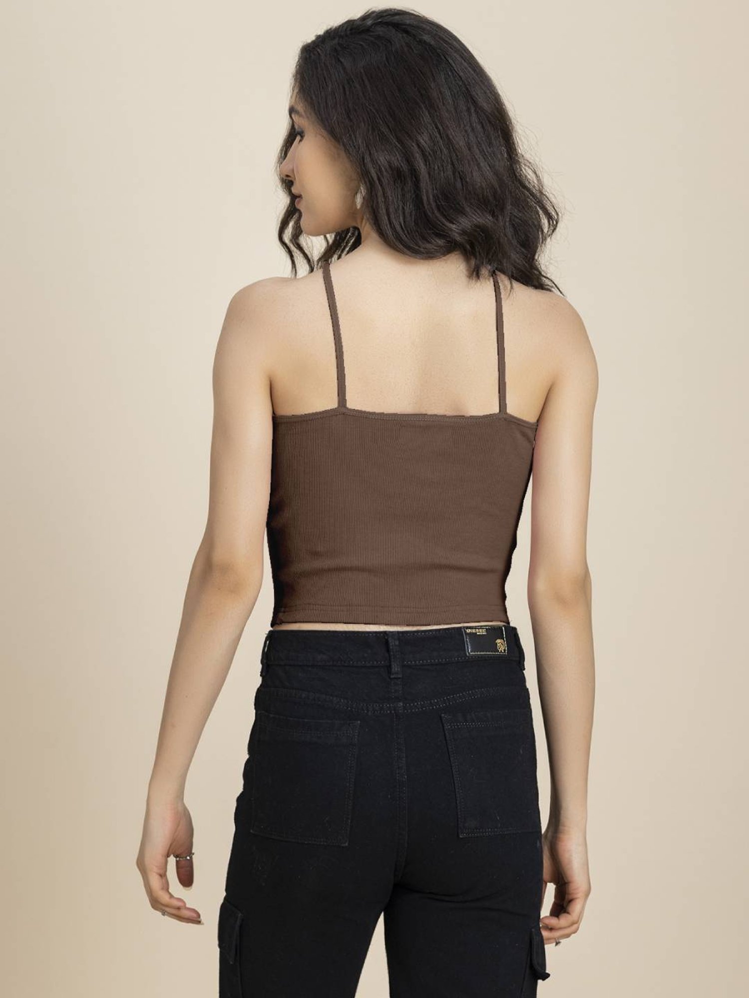 Moomaya Brown Slim Fit Crop Top