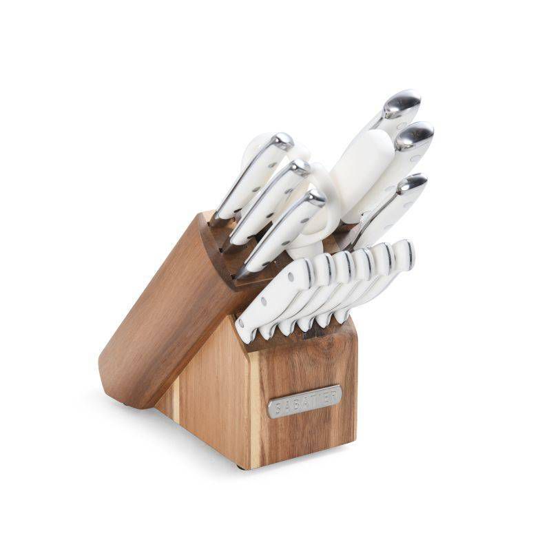 Sabatier 15pc White Knife Set with Acacia Block