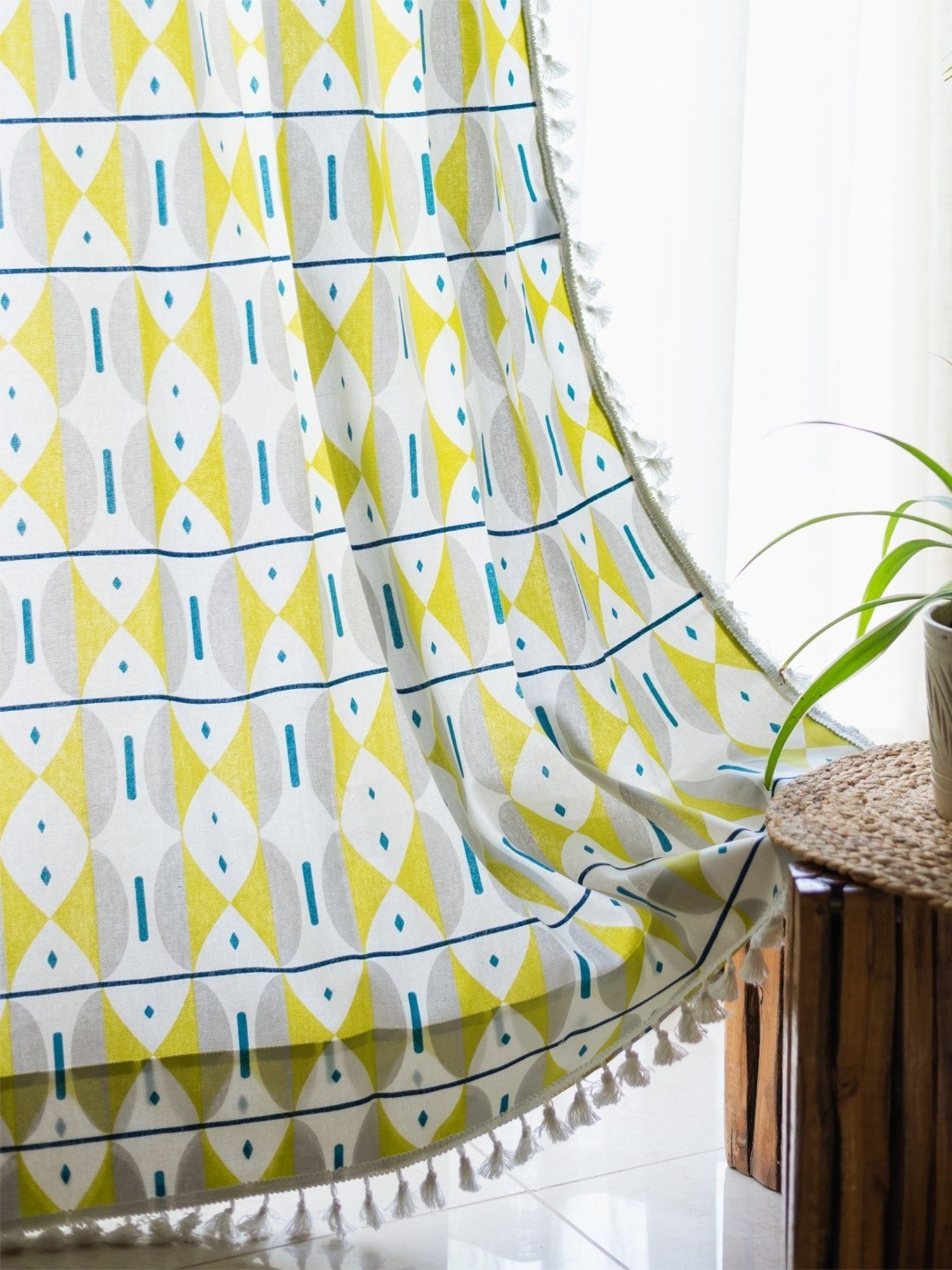 Urban Space Printed Yellow & White Cotton 5 ft Boho Window Curtain