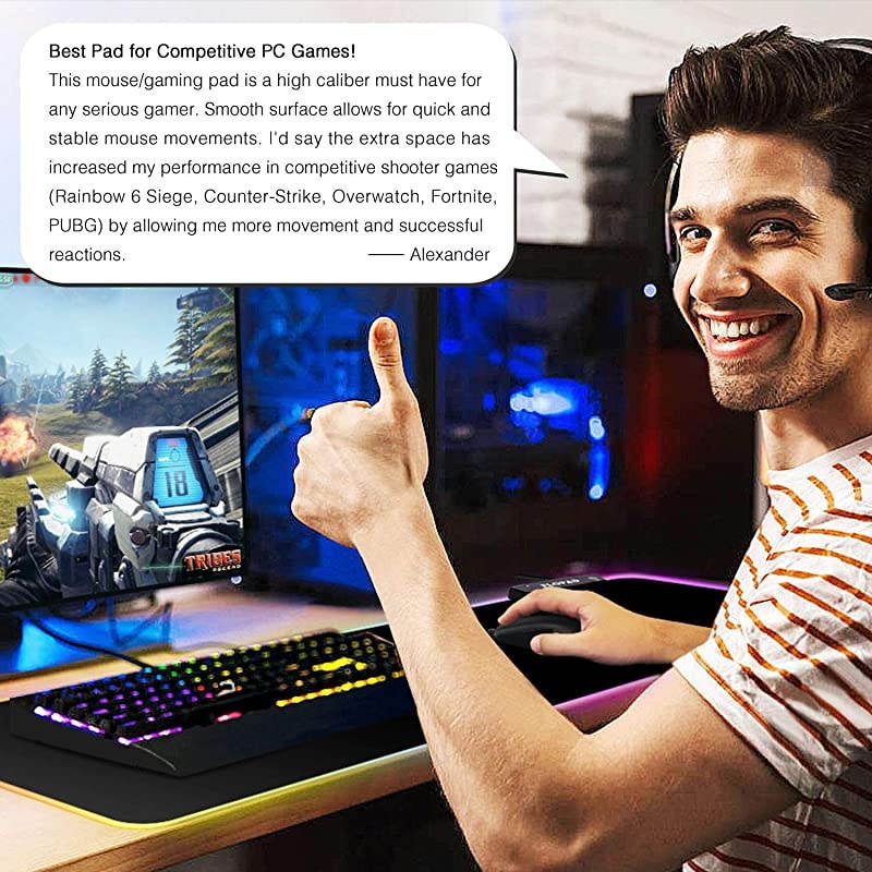 RGB Gaming Mouse Pad - 14 Light Modes Extended Computer Keyboard Mat with Durable Stitched Edges and Non-Slip Rubber Base, High-Performance Mouse Pad Optimized for Gamer 31.5X 11.8in