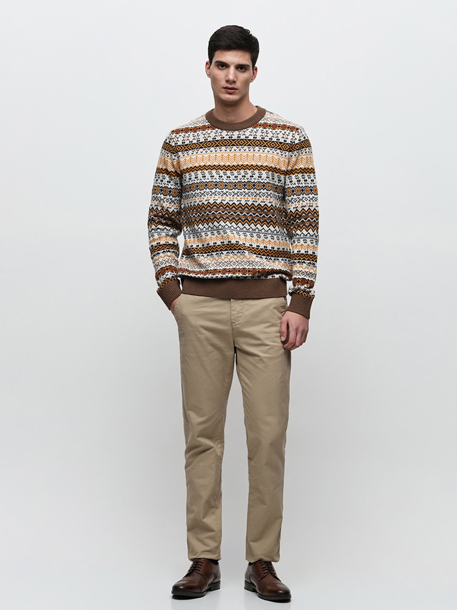 SELECTED HOMME Brown Regular Fit Self Design Sweater