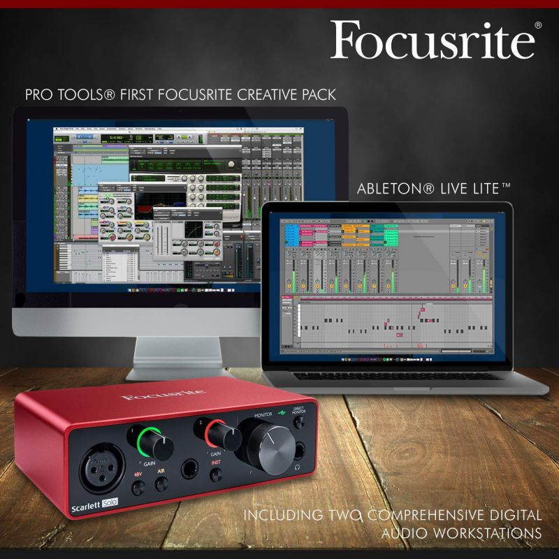 Focusrite Scarlett 8i6 8-in 6-out USB Audio Interface + Samson SR360 Over-Ear Dynamic Stereo Headphones, Cables, and Fibertique Microfiber Cleaning Cloth