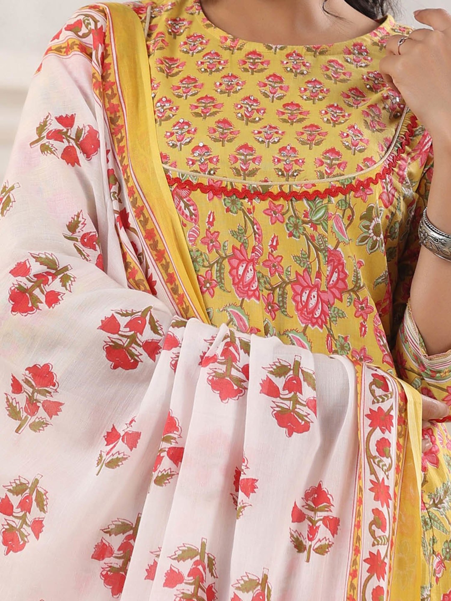 Rain and Rainbow Mustard Cotton Floral Print Anarkali Kurta With Pant & Dupatta