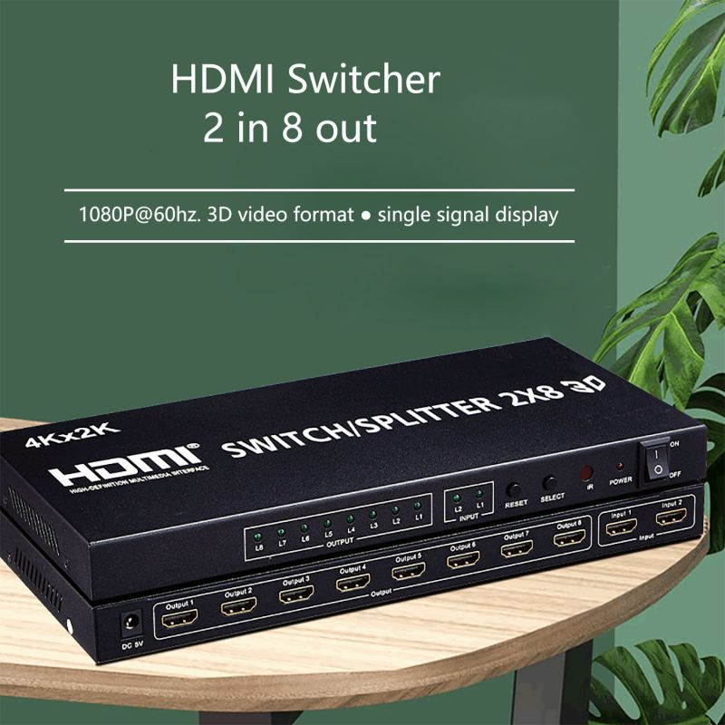 Gigbird 2*8 4K 60HZ HDMI Switch 2In 8 Out 1080P@60Hz 3D Video Formats HDMI Matrix Audio Video Converter,(with Remote Control and Charger)