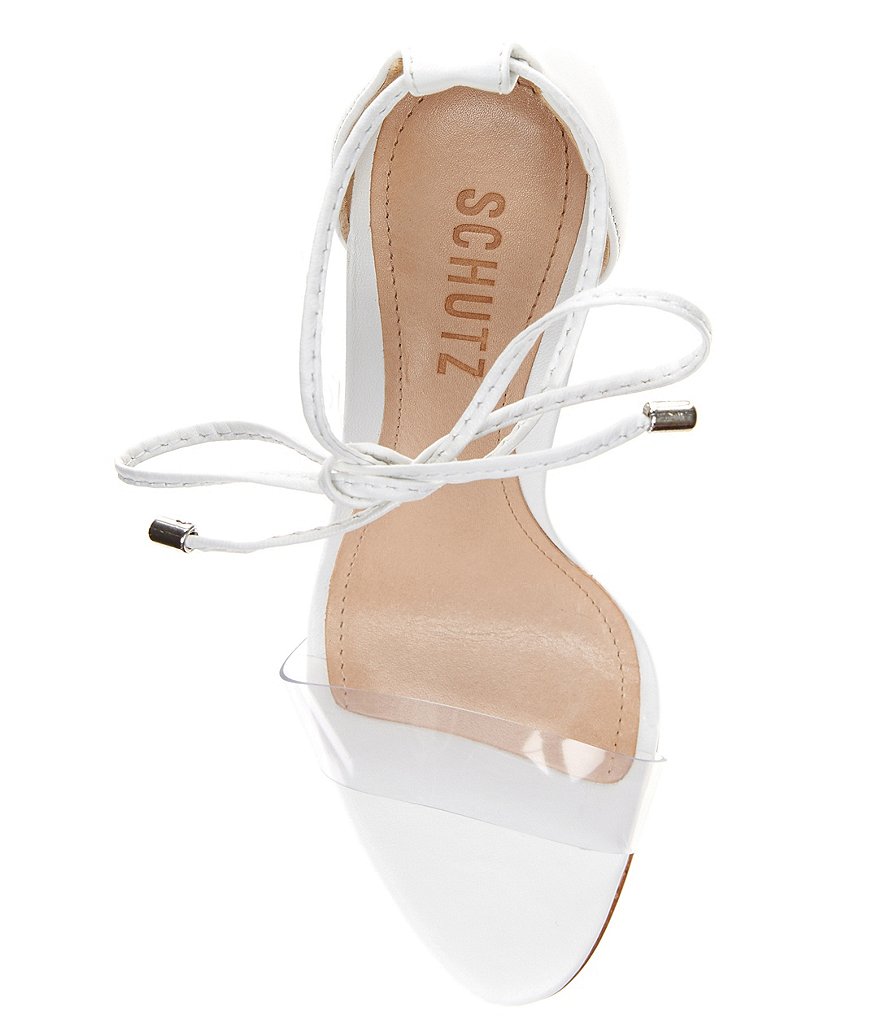 Schutz Anahe Ankle Tie Clear Strap Leather Rhinestone Block Heel Sandals