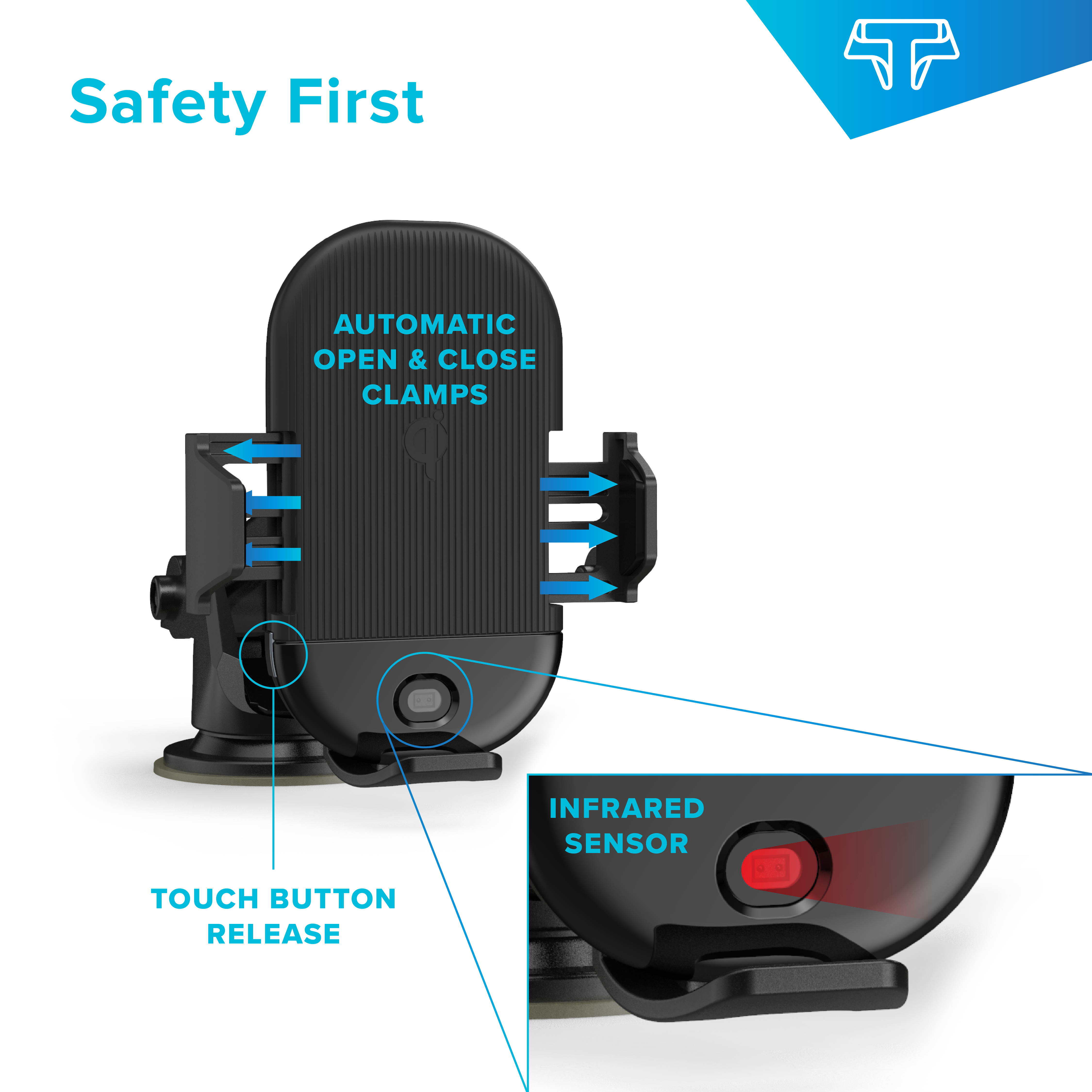 Techsmarter 15W Qi Wireless Car Charger, Fast Charging Cell Phone Mount Holder, Automatic Sensor Clamping Dashboard Air Vent. Compatible with iPhone 11, X, XS, XR, 8, Samsung S10, S9, S8, Note