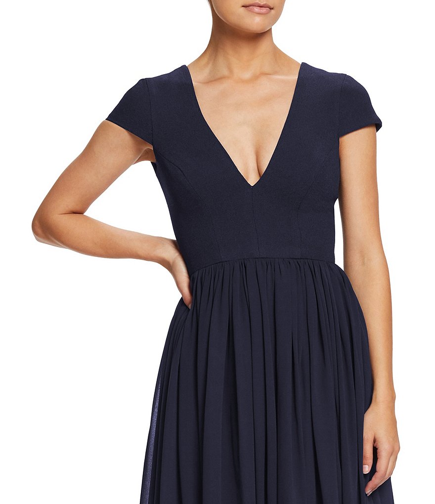 Dress the Population Corey V-Neck Cap Sleeve Lace Hem Midi Dress