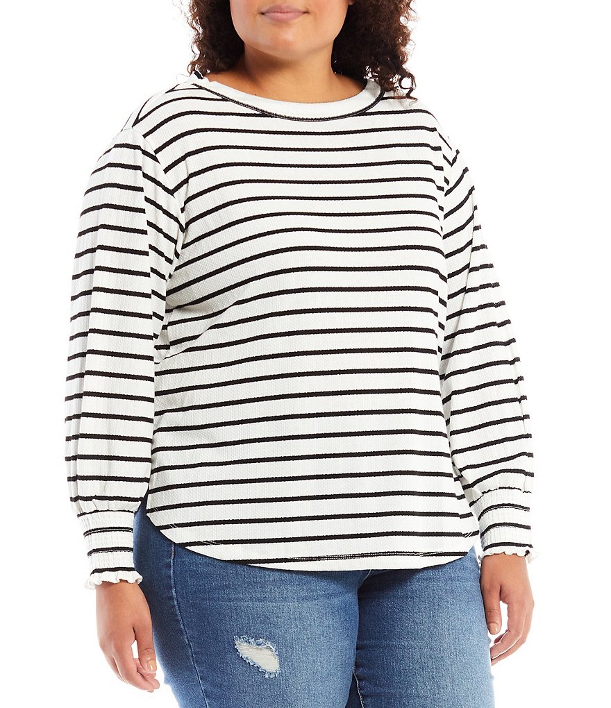 Jessica Simpson Plus Size Veera Stripe Smocked Cuff Crew Neck Drop Shoulder Long Blouson Sleeve Top