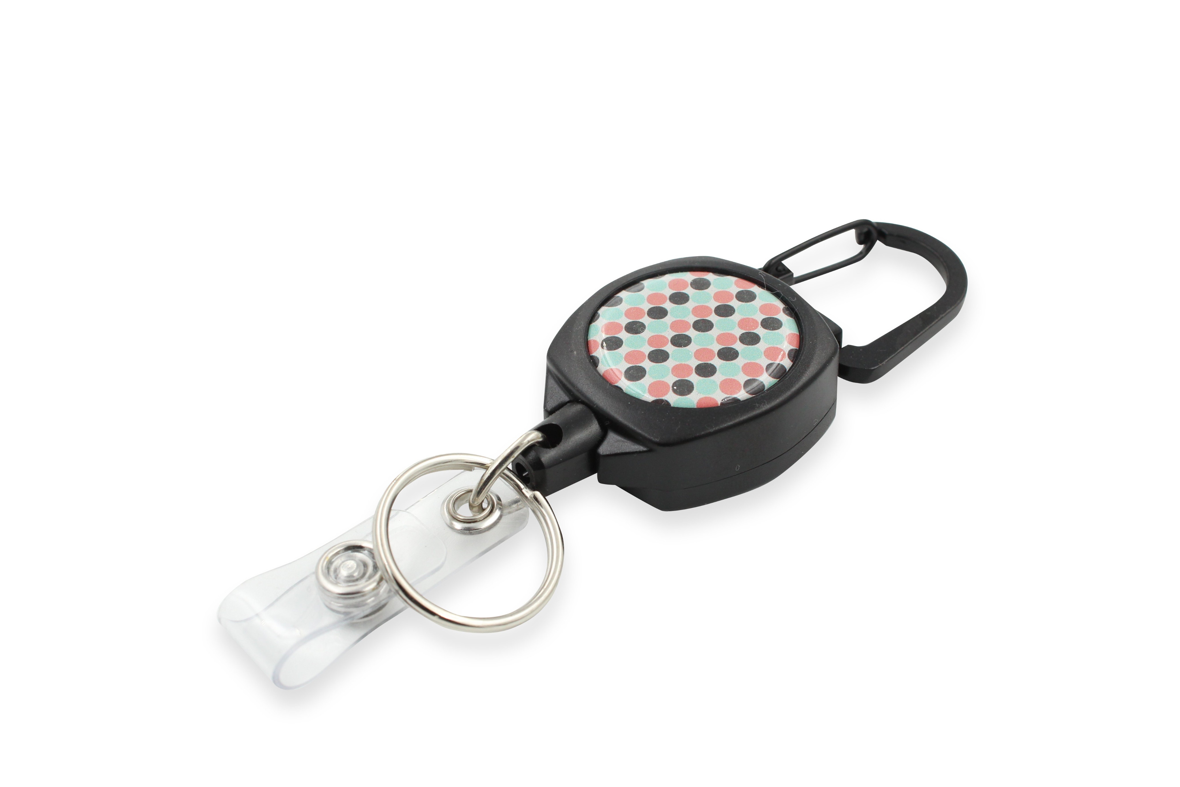 Rel Amigo Retractable I.D. Badge Reel & Key Holder - Style (White with Brown, Blush & Aqua Dots)