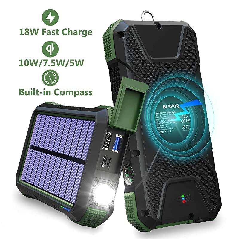Solar Charger Power Bank 18W QC 30 Portable Wireless Charger 10W75W5W with 4 Outputs Dual Inputs 20000mAh External Battery Pack IPX5 Waterproof with Flashlight Compass Dark Green