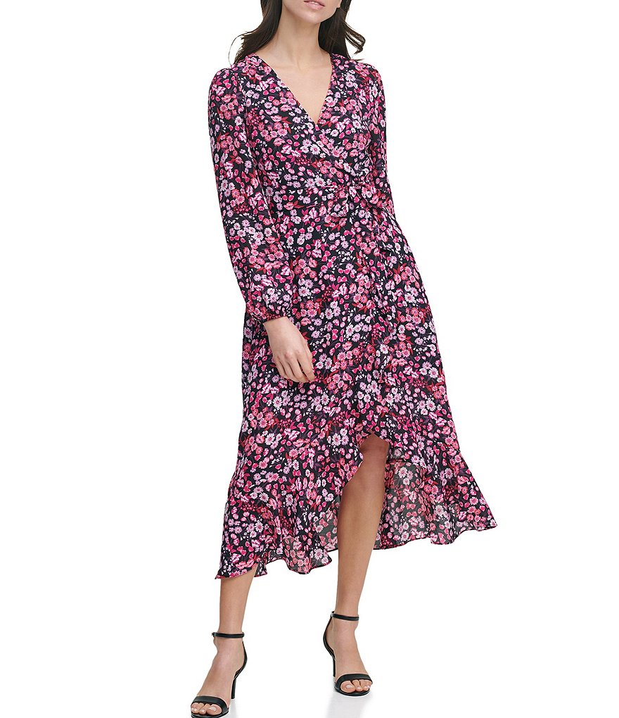 Kensie Floral Print Chiffon Faux Wrap Midi Dress