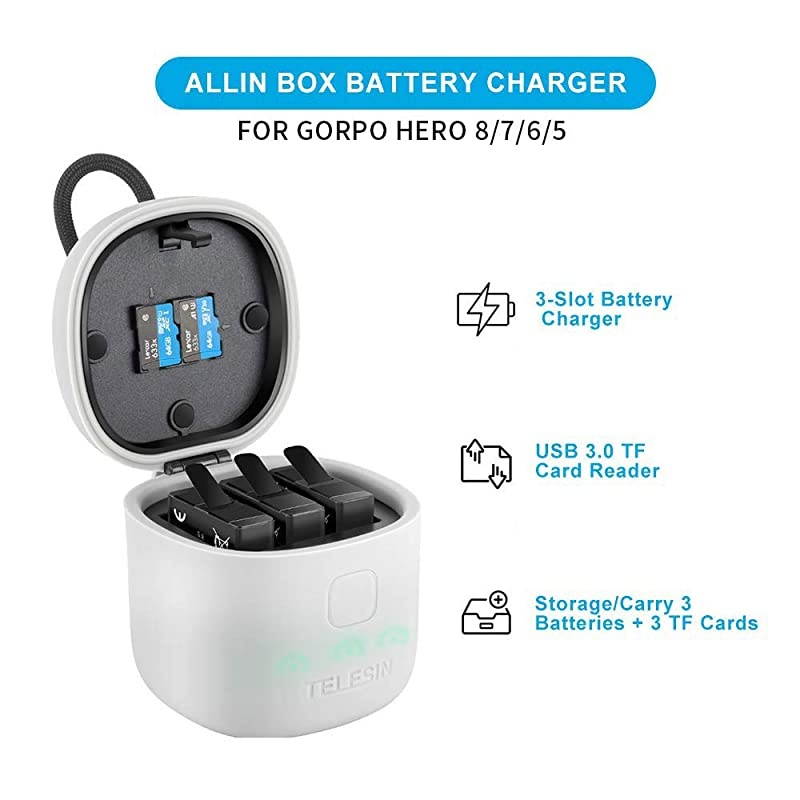 Allin Box Battery Charger with High Speed USB 30 SD Card Reader Function Waterproof Storage Carry Case for GoPro Hero 8 Hero 7 Black Hero 6 Hero 5 Black Batteries Single Charger